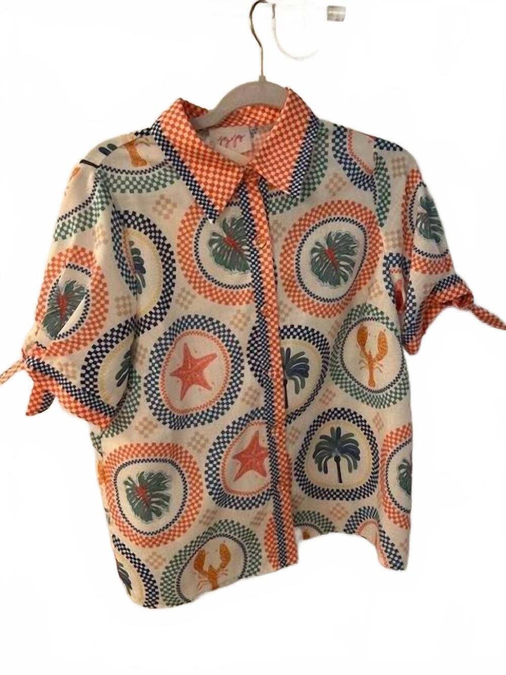 NEW JOY JOY women's sleeve tie blouse in tropical medallions